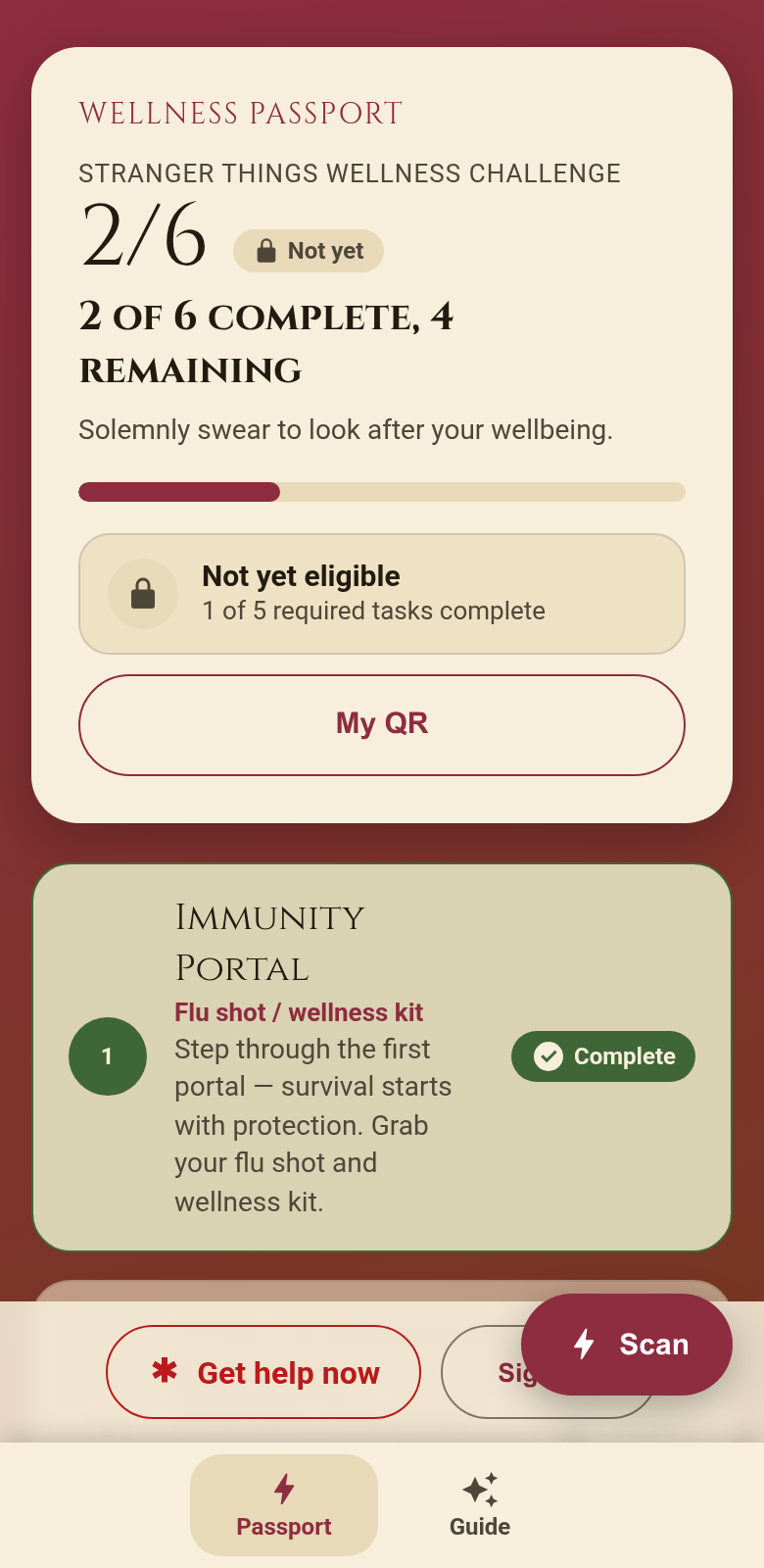 The student passport on a phone: a themed Stranger Things Wellness Challenge passport showing two of six weeks complete, a progress bar, a prize-eligibility panel reading one of five required tasks complete, a My QR button, and week cards for Immunity Portal and Vital Screenings